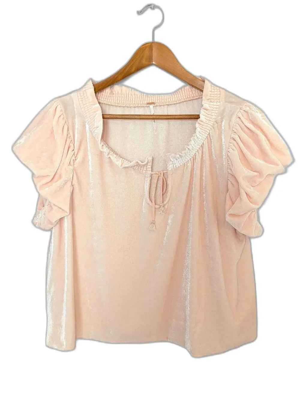 Free People | Terese Top Pink Velvet Short Puff Sleeves | Size Small